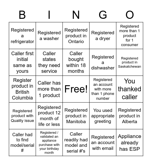 CX Canada Registration Bingo Card