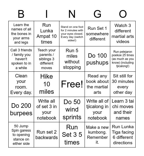 Green Sash End of Year Bingo Card