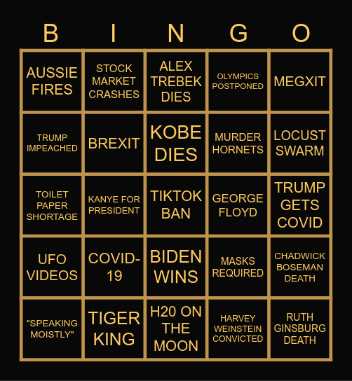 2020 in Review Bingo Card