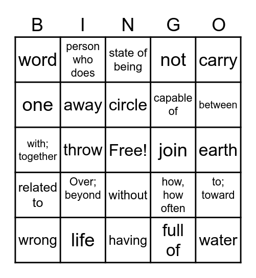 AFFIX BINGO 2 Bingo Card