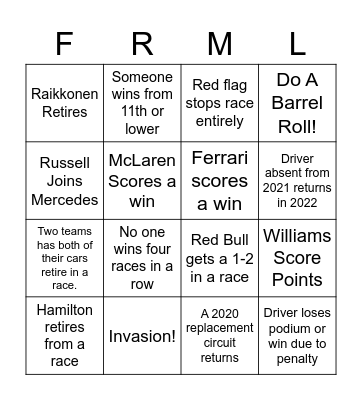 F1 Bingo 2021 Bingo Card