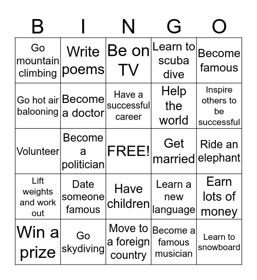 Dreams and Goals (Unit 12) Bingo Card