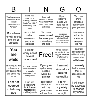 Privilege Bingo Card