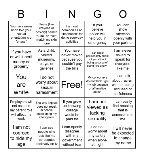 Privilege Bingo Card