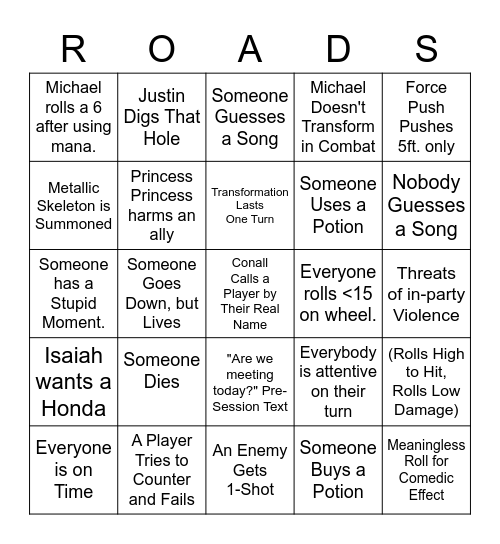 Roads of Adventure Main Session Bingo Card