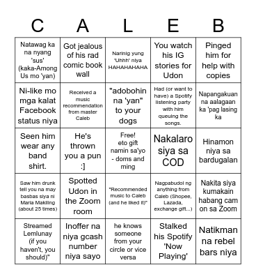 BINGO KA, CALEB Bingo Card