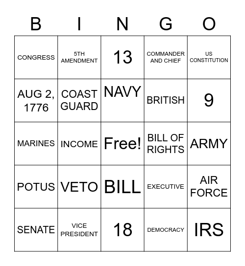 US GOVERNMENT Bingo Card