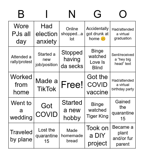 Quarantine/2020 Bingo Card
