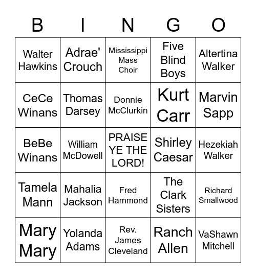 GOSPEL SINGERS Bingo Card
