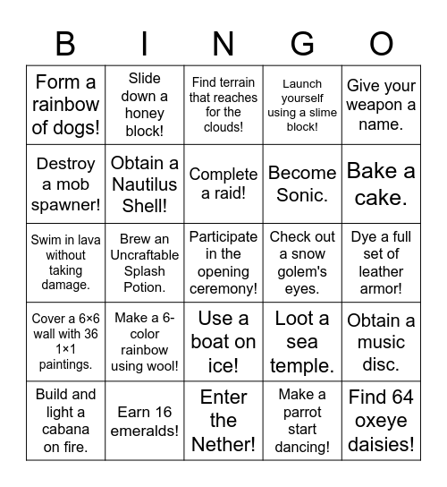 Minecraft Bingo Card