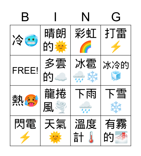 Weather (天氣） Bingo Card