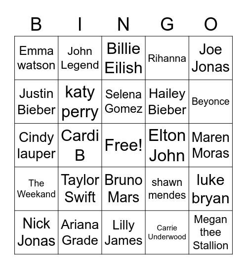 Celebrities Bingo Card