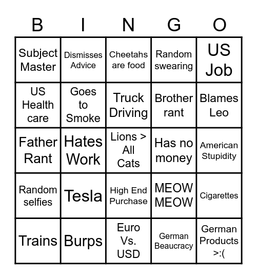 Kizna Bingo Card