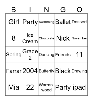 Mia's Party Bingo Card