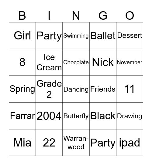 Mia's Party Bingo Card