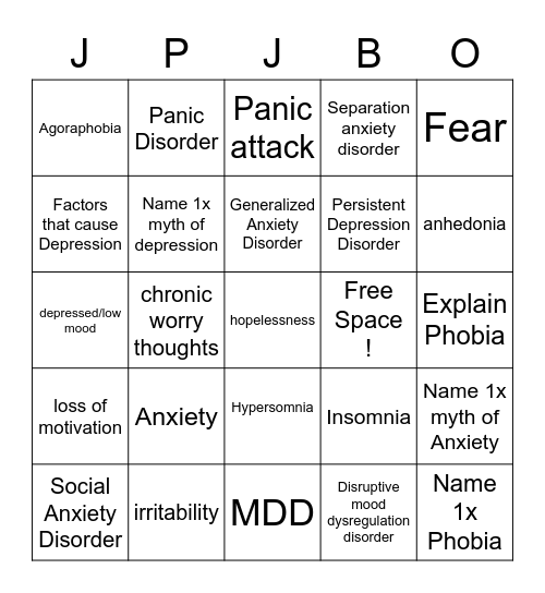 Anxiety and Depression Bingo Card