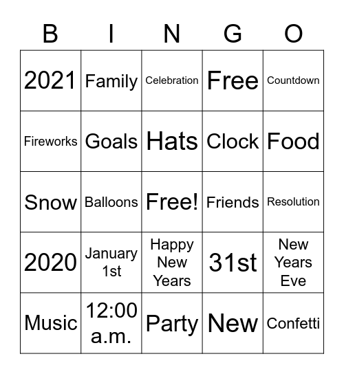 New Years Bingo Card