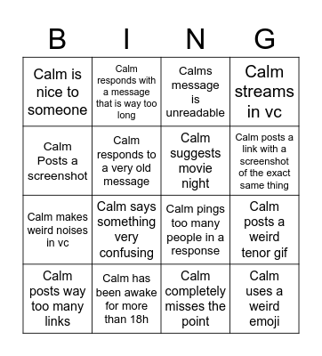 Calms Bingo Card