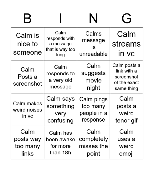 Calms Bingo Card