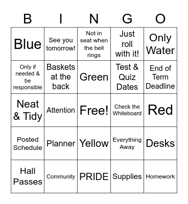 Mrs. Moss Classroom Procedures Bingo Card