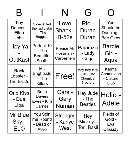 Song Bingo Card