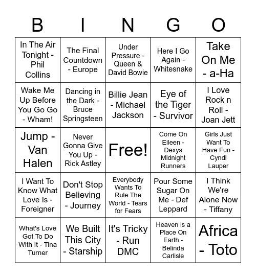 80s Music Bingo! Bingo Card