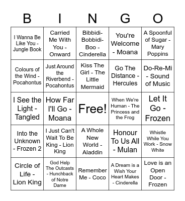 Disney Music Bingo! Bingo Card