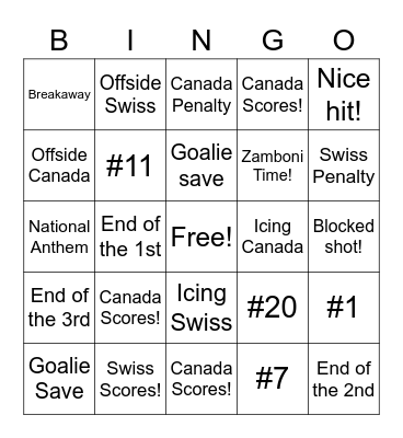 Hockey Game Bingo Card
