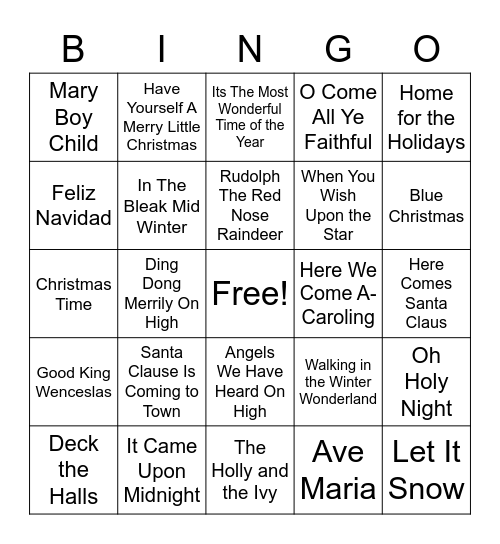 Holiday Music Bingo Card