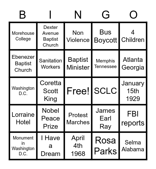 MAC DELTA GEMS MLK JR Bingo Card