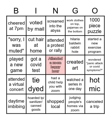 Penultimate Day of 2020 Bingo Card