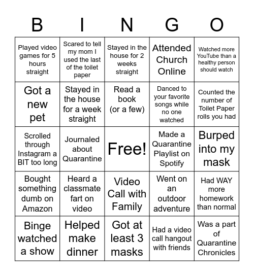 2020 Quarantine Bingo Card