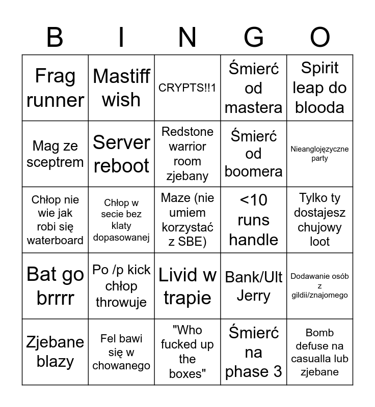 Moje Dungeon Party F7 W Hypixel Skyblock Bingo Card