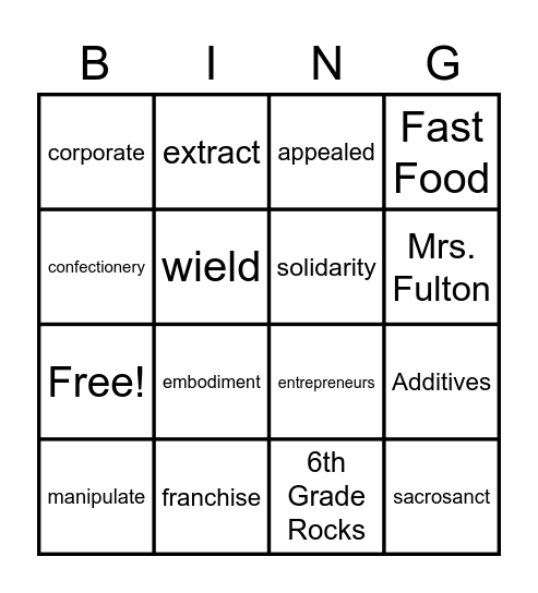 Chew on This Part 1 Vocabulary Bingo Card