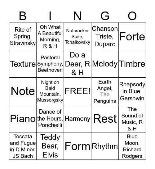 Musical Bingo! Bingo Card