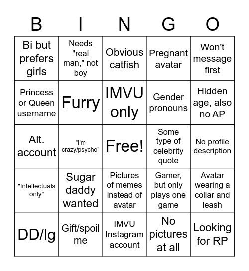 Girls of IMVU's Get Matched Bingo Card