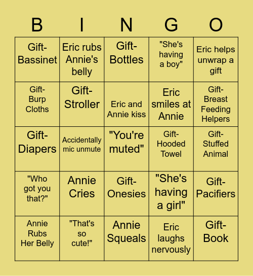 Annie's Virtual Baby Shower! Bingo Card