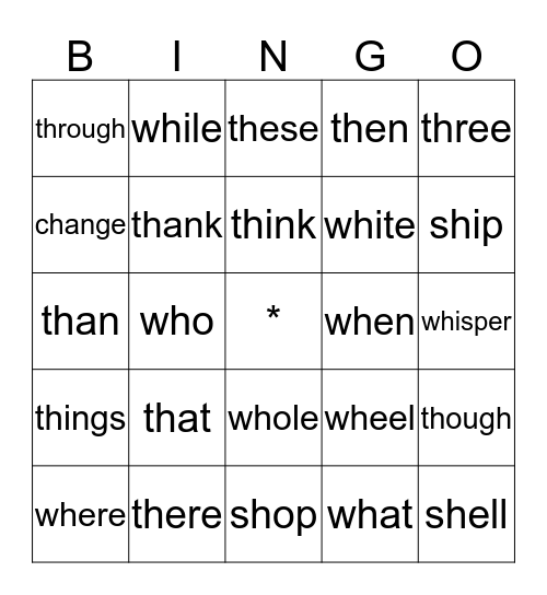 Sh, Th, Wh Bingo Card