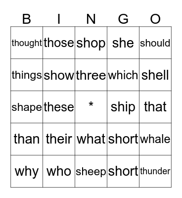 Sh, Th, Wh Bingo Card