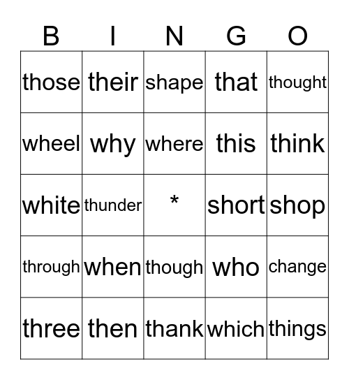 Sh, Th, Wh Bingo Card