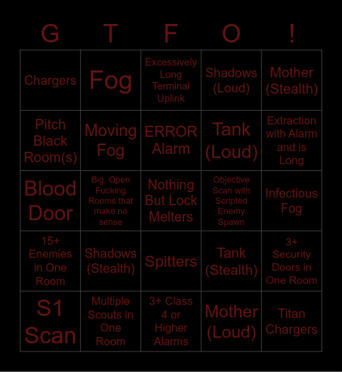 GTFO Difficulty Bank Bingo Card