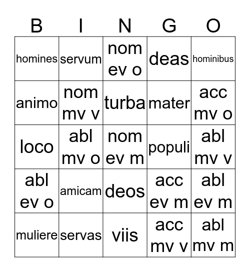 Latijnse naamvallen Bingo Card