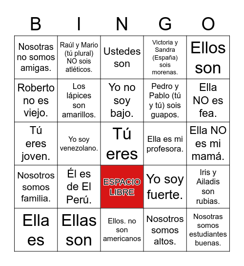 Verbo "Ser" y Pronombres Bingo Card