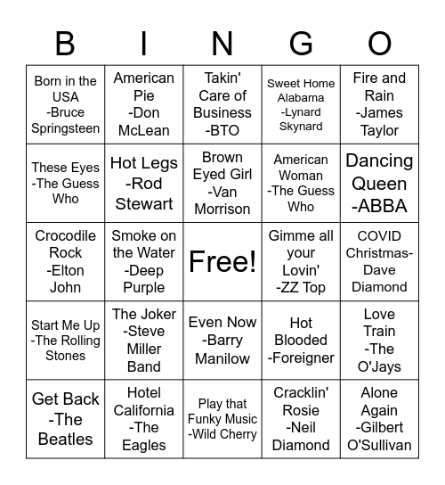70s or so Music Bingo Card