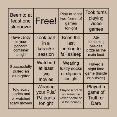 New Years' Slumber Party Bingo Card