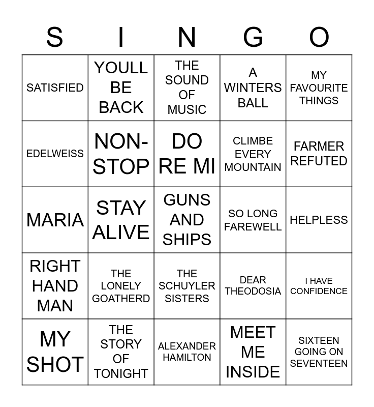 518 HAMILTON VS THE SOUND OF MUSIC Bingo Card