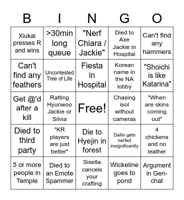 Daily Eternal Return Bingo Card