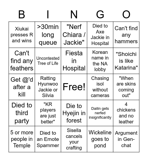 Daily Eternal Return Bingo Card