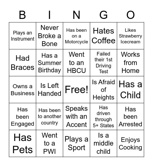 Get To Know Me Bingo Card
