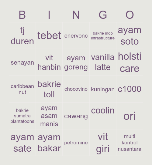 Jenn Bingo Card